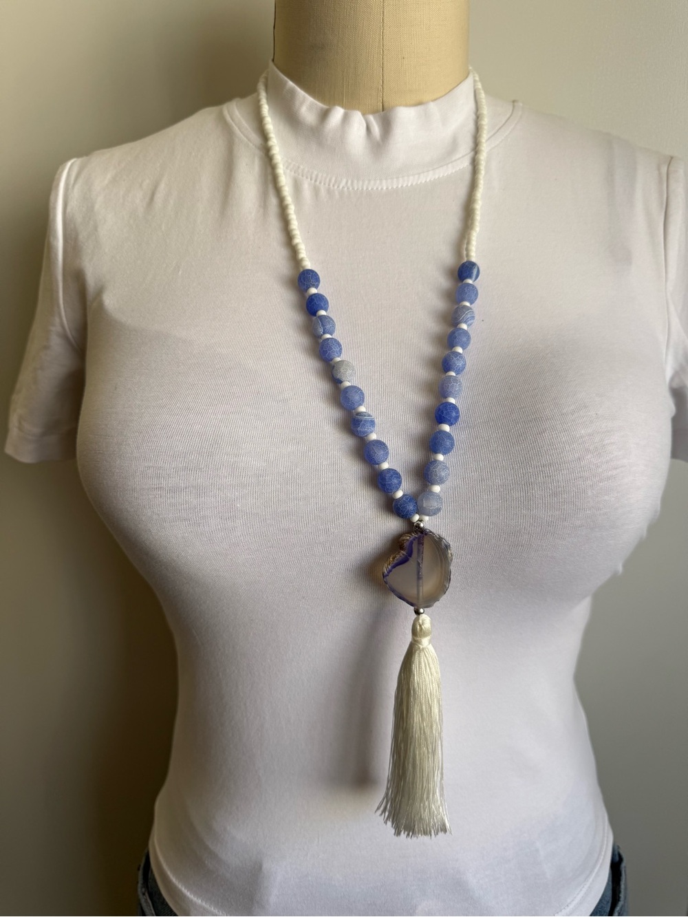 Beaded Blue Agate Tassel Necklace - Women Jewelry